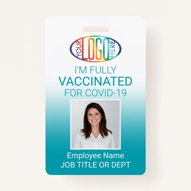 QR Code Logo Photo ID Covid Vaccinated Teal Blue Badge (Front)