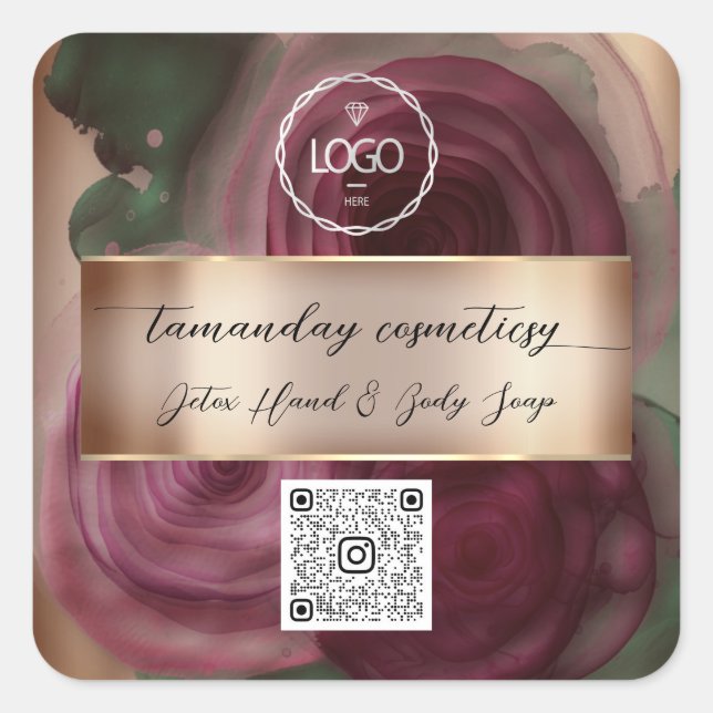 QR Code Logo Photo Product Thank Rose Burgundy  Square Sticker (Front)