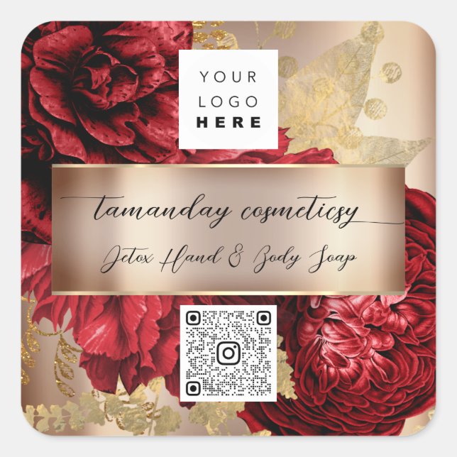 QR Code Logo Photo Product Thank Rose Red Gold Square Sticker (Front)