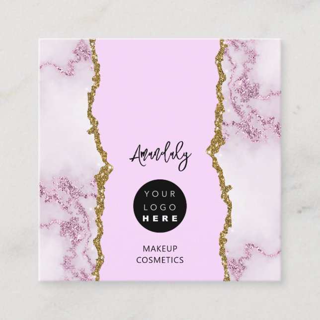 QR Code Logo Pink Marble Gold Glitter  Square Business Card (Front)