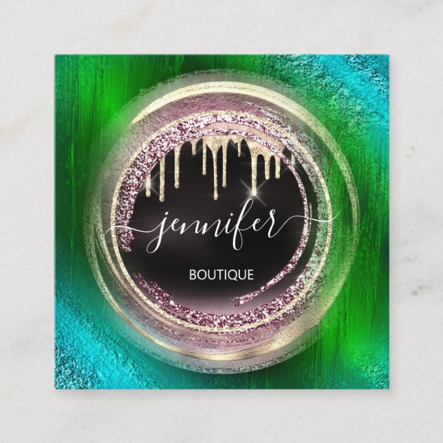 QR Code Logo Shop Black Gold Drips Modern Unique Square Business Card (Front)