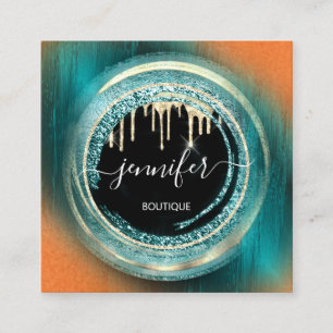QR Code Logo Shop Black Gold Drips Orange Teal   Square Business Card