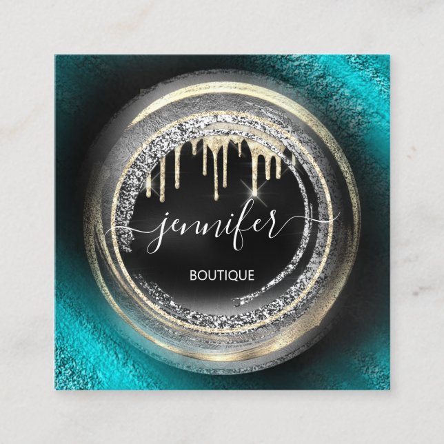 QR Code Logo Shop Black Gold Drips Silver Grey Square Business Card (Front)