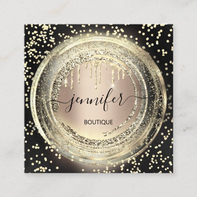 QR Code Logo Shop Black Rose Gold Drips Confetti  Square Business Card (Front)