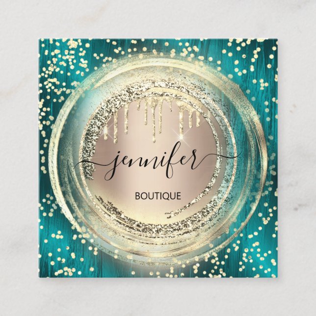 QR Code Logo Shop Blush Rose Gold Drips Confetti Square Business Card (Front)