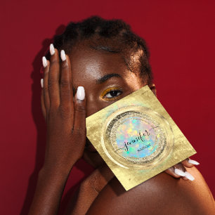 QR Code Logo Shop Glitter Gold Drips Holographic Square Business Card