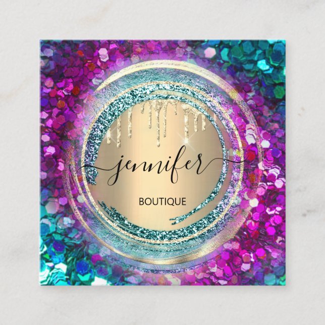 QR Code Logo Shop Pink Gold Drips Confetti Square Business Card (Front)
