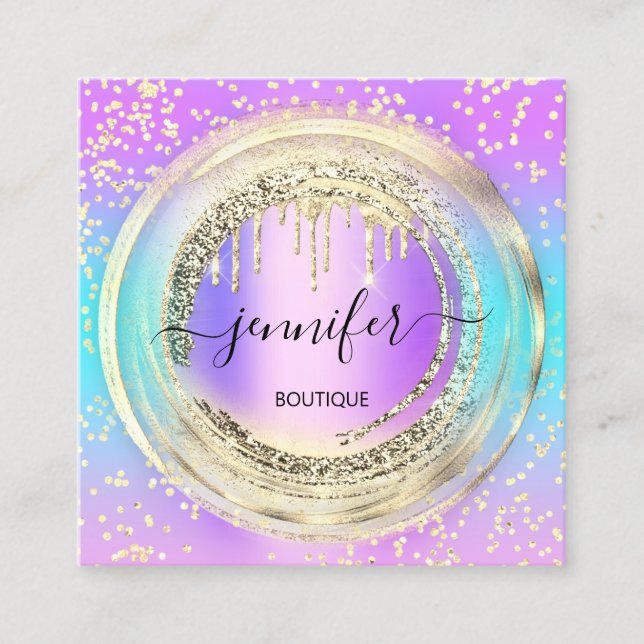 QR Code Logo Shop Pink Ombre Gold Drips Confetti  Square Business Card (Front)