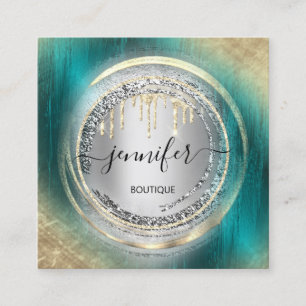 QR Code Logo Shop Silver Grey Teal Gold Drips  Square Business Card