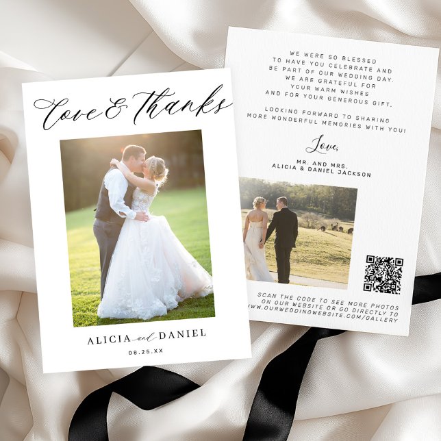QR CODE love and thanks script 2 photo wedding Thank You Card (Creator Uploaded)