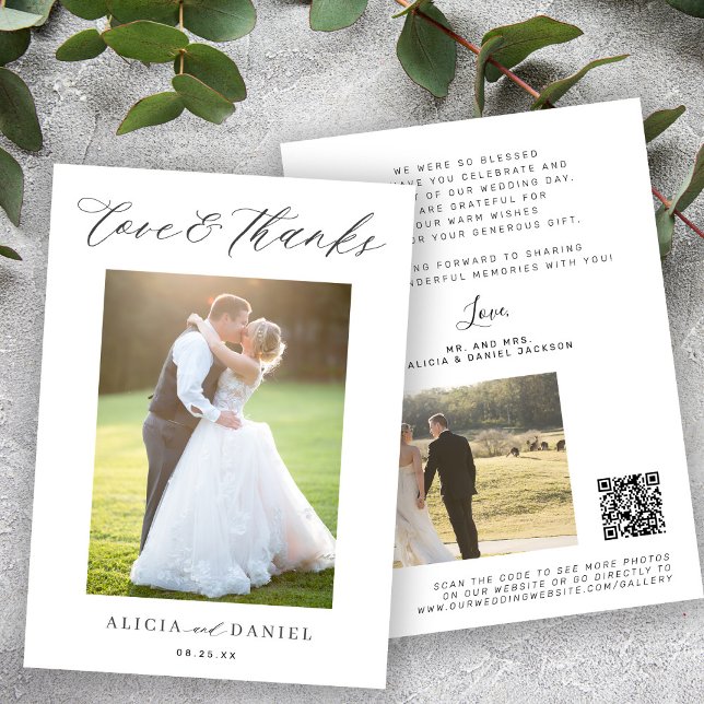 QR CODE love and thanks script 2 photo wedding Thank You Card (Creator Uploaded)