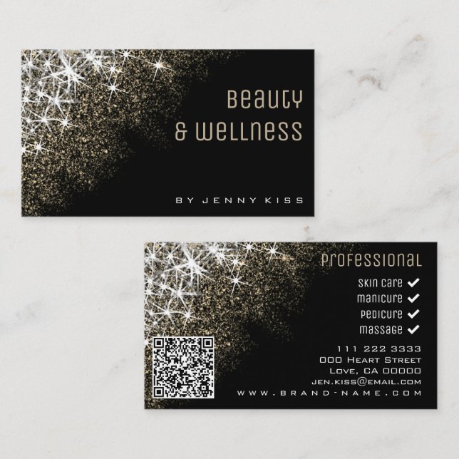 QR Code Luminous Gold Glitter Stars Wellness Business Card (Front/Back)