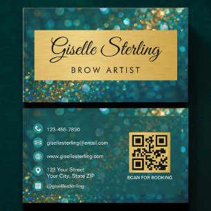 QR Code Luxury Brow Artist Gold Teal Glitter Business Card