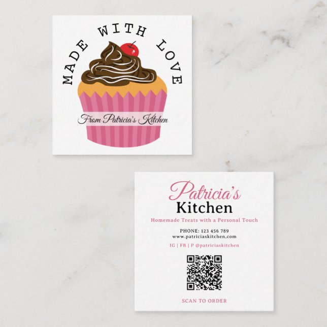 QR Code Made With Love Cupcake Bakery & Catering Square Business Card (Front/Back)
