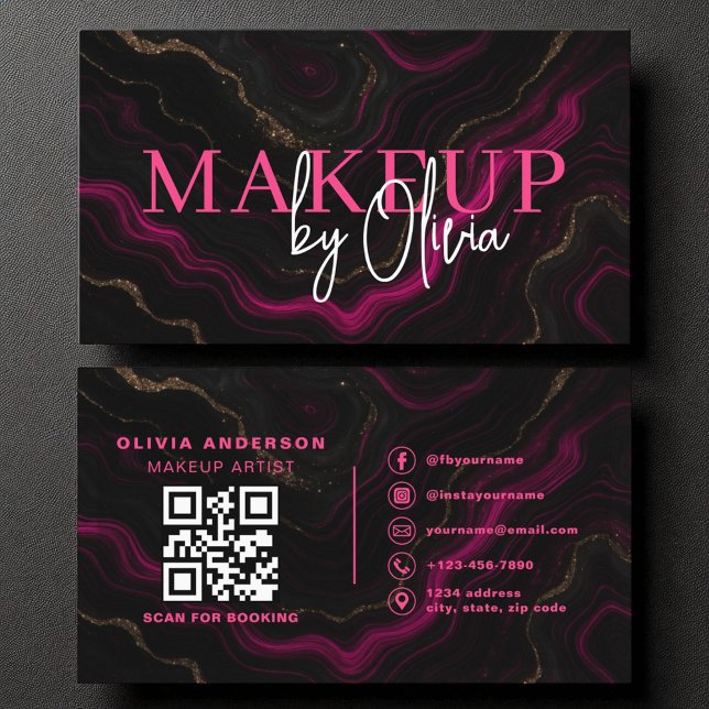 QR Code Makeup Artist Hot Pink Agate Marble Business Card (Creator Uploaded)