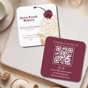 QR Code Maroon White Cupcake Bakery Square Business Card