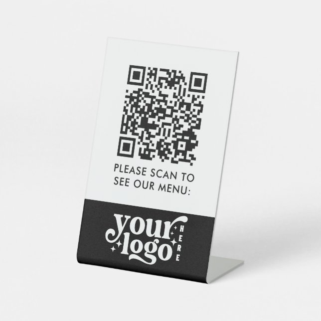 QR Code Menu Black Logo Contactless Modern Cafe Pe Pedestal Sign (Front)