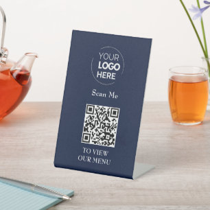 QR Code Menu Logo Navy Blue Contactless Modern Pedestal Sign