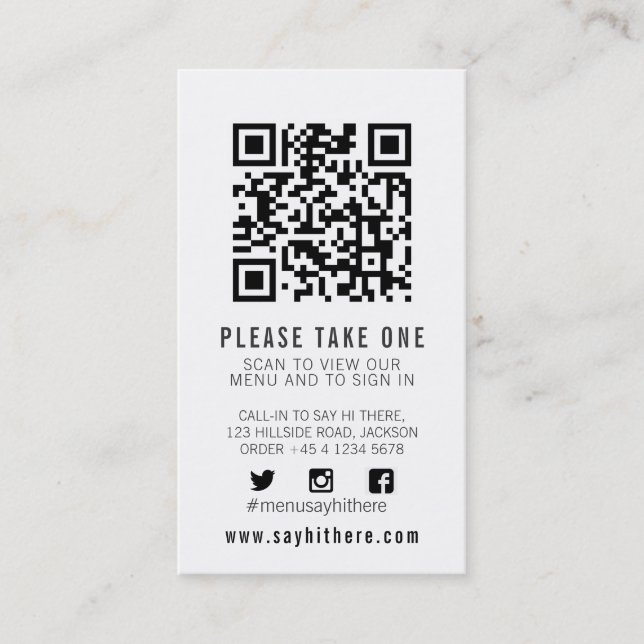 Qr code menu scan black white simple business card (Front)