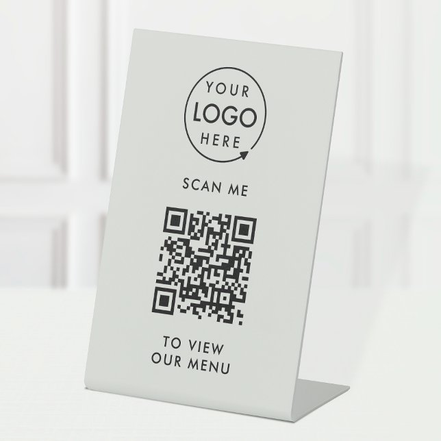 QR Code Menu | Your Logo Grey Contactless Modern Pedestal Sign (Branded interactive QR code menu table signs for restaurants, bars, cafes & hospitality events!)