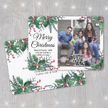 QR Code Merry Christmas Holly Greenery One Photo Holiday Card<br><div class="desc">This year celebrate the joyful wonders of modern technology with a fun interactive QR code photo collage holiday card. Share one of your favourite pictures as well as an online video message, song, photo album, or other website. All text on this template is simple to customize to include any wording,...</div>