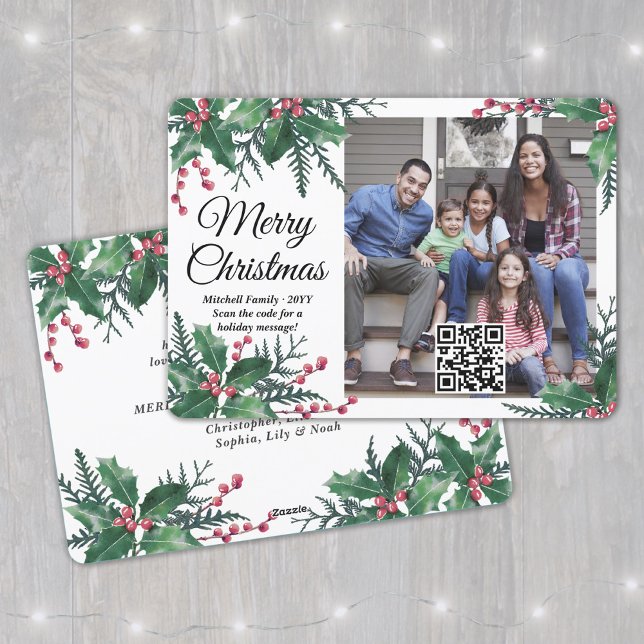 QR Code Merry Christmas Holly Greenery One Photo Holiday Card (Creator Uploaded)