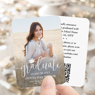 QR Code Mini Graduation Photo Modern White Script Enclosure Card