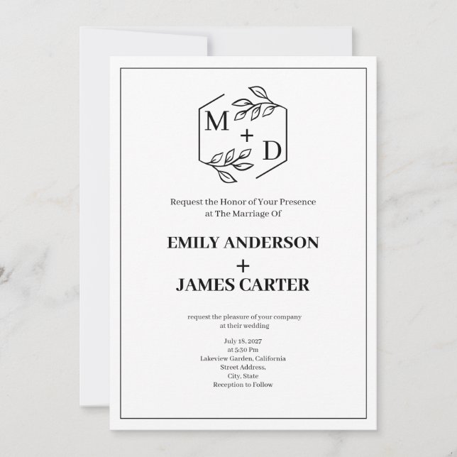 QR Code Minimal Botanical Monogram Wedding  Invitation (Front)