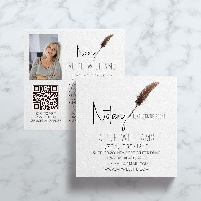 QR Code Minimalist Brown & White Notary Photo Square Business Card (Creator Uploaded)