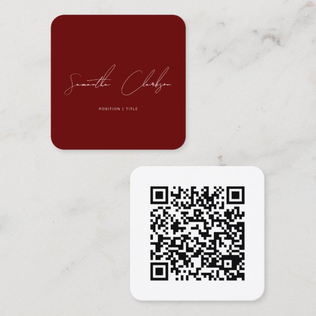 QR Code Minimalist Burgundy Handwritten Script Square Business Card (Front/Back)