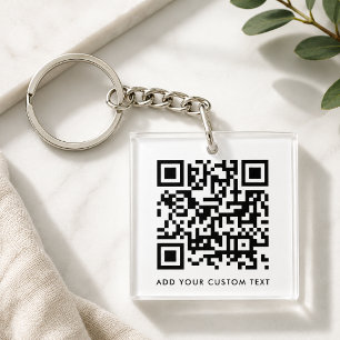 QR Code Minimalist Clean Simple White Custom Text Keychain