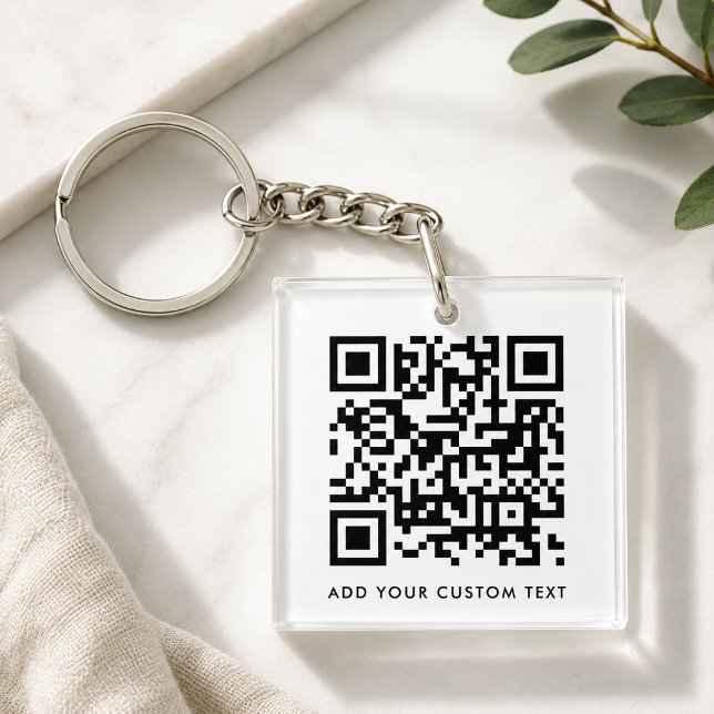 QR Code Minimalist Clean Simple White Custom Text Keychain (Versatile editable keychain template with interactive QR code & text for business or personal use.)