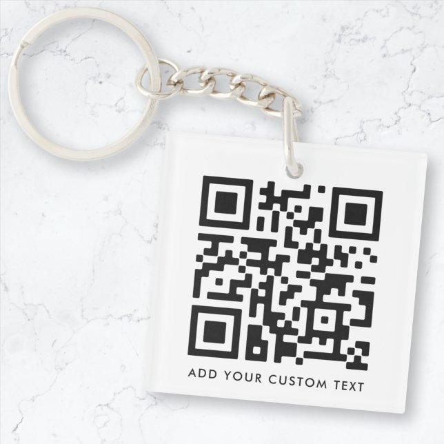 QR Code Minimalist Clean Simple White Custom Text Keychain (Versatile editable keychain template with interactive QR code & text for business or personal use.)