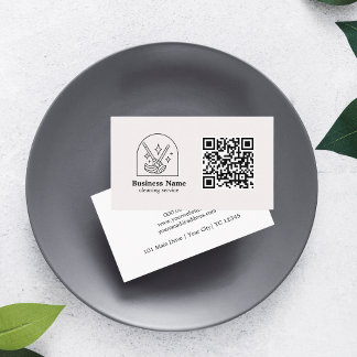 QR Code Minimalist Cleaning Services Custom Logo Business Card