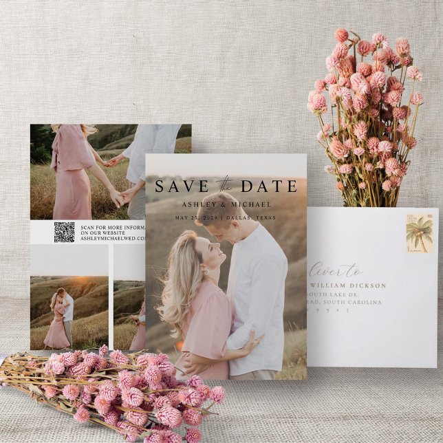 QR Code Minimalist Elegant Script 4 Photo Wedding Save The Date (Save the Date!)