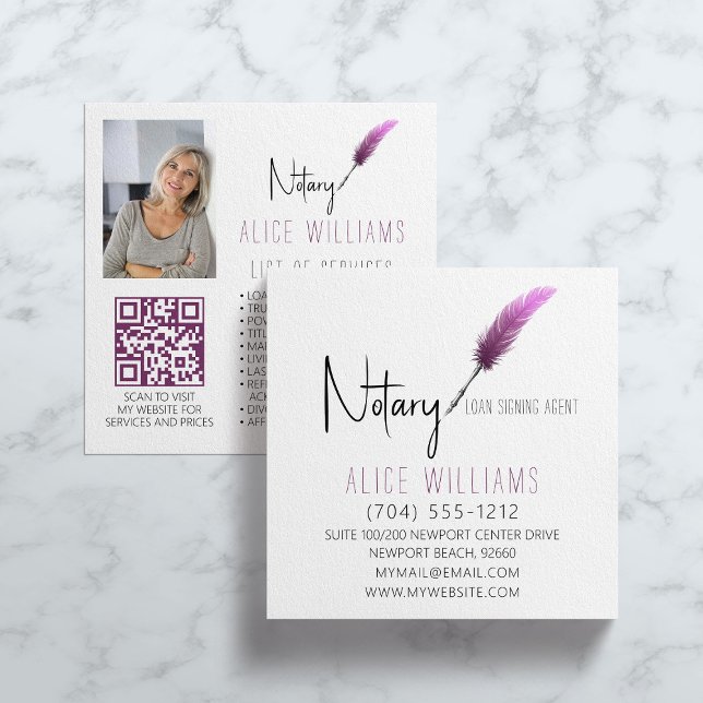 QR Code Minimalist Pink & White Notary Photo Square Business Card (Creator Uploaded)