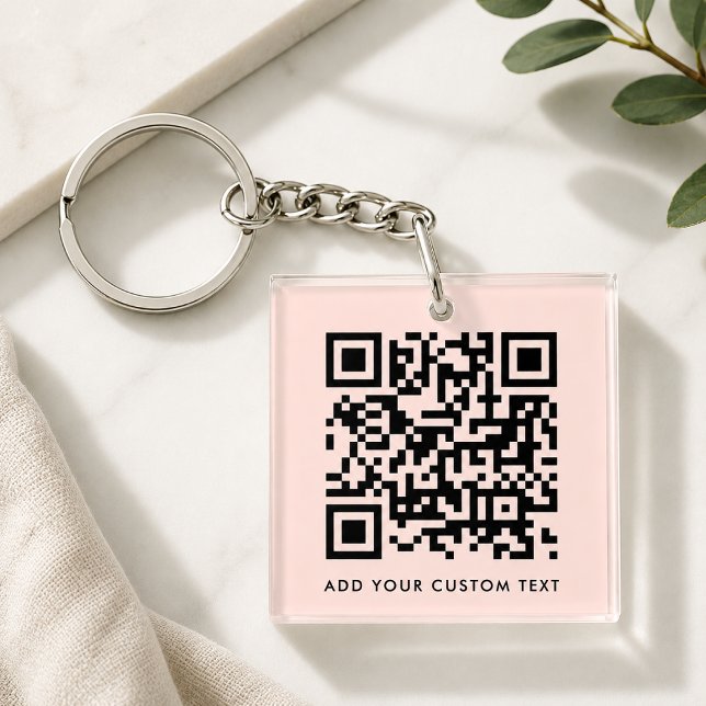 QR Code Minimalist Simple Blush Pink Custom Text  Keychain (Versatile editable pink keychain template with interactive QR code for business or personal use.)