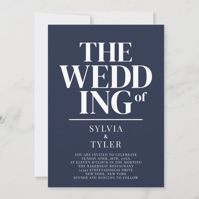 QR Code Minimalist Typography Navy Blue Wedding Invitation (Front)