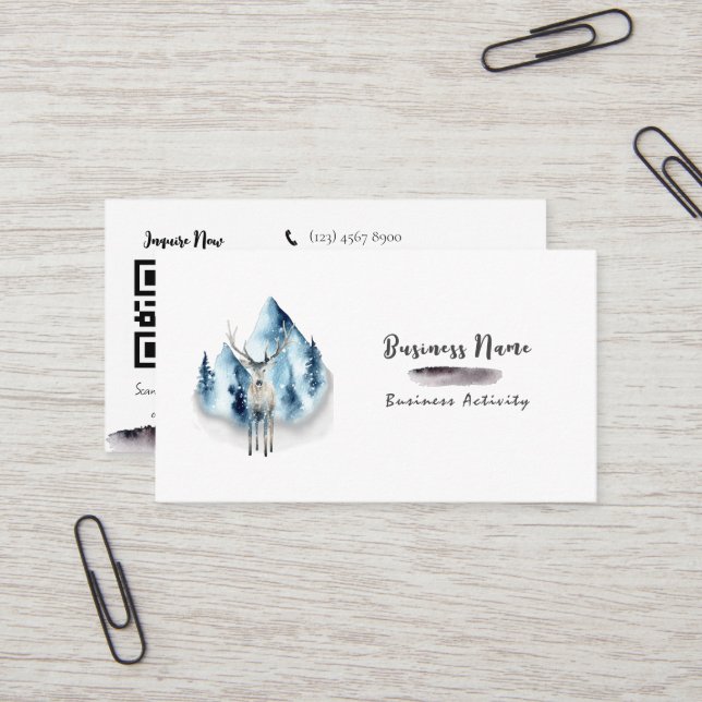 QR code minimalist watercolor Black Business Card (Front/Back In Situ)