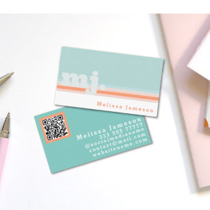QR Code mint and peach minimalist monogram Business Card