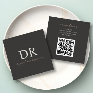 Qr Code Modern Black Aesthetic Initial Monogram Square Business Card