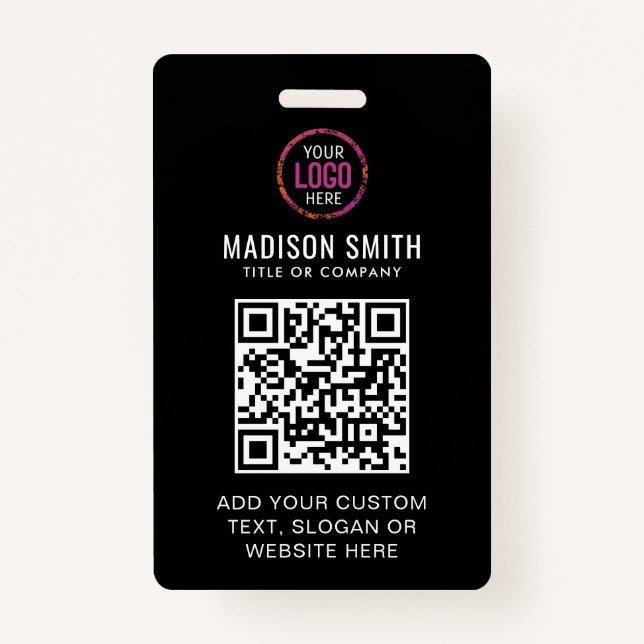 QR Code Modern Black Business Logo Event Badge (Front)
