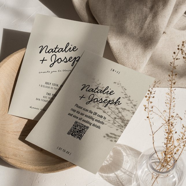 QR Code Modern Black Cream Retro Whimsical Wedding Invitation (Creator Uploaded)