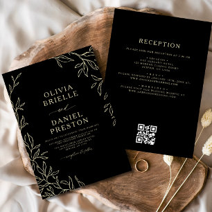 QR Code Modern Black & Gold Minimal Leaf Wedding Invitation