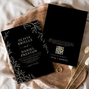 QR Code Modern Black & Gold Minimal Leaf Wedding Invitation