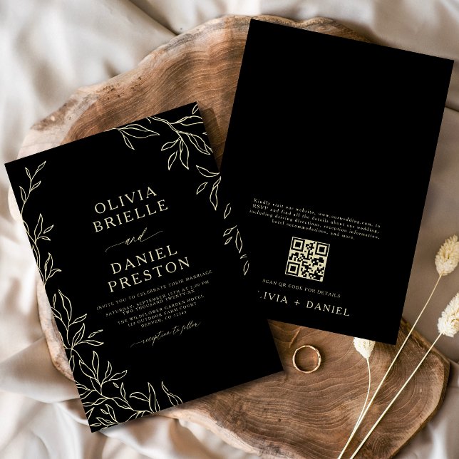 QR Code Modern Black & Gold Minimal Leaf Wedding Invitation (Creator Uploaded)