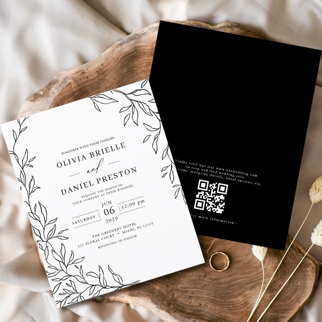 QR Code Modern Black & White Minimal Leaf Wedding  Flyer (Creator Uploaded)