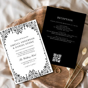 QR Code Modern Black & White Minimal Leaf Wedding  Invitation