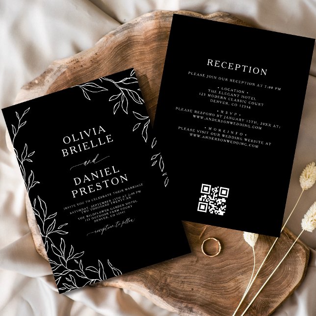 QR Code Modern Black & White Minimal Leaf Wedding Invitation (Creator Uploaded)