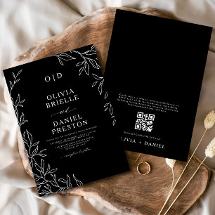QR Code Modern Black & White Minimal Leaf Wedding Invitation